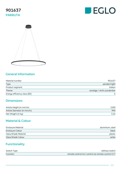 Подвесной светильник EGLO PARRUTA 901637, встроенный LED 40Вт, 2700-6500К, CRI 80, 4300Лм, черная арматура из алюминия и стали, плафон из белого пластика, диаметр 990 мм, высота 1500 мм
