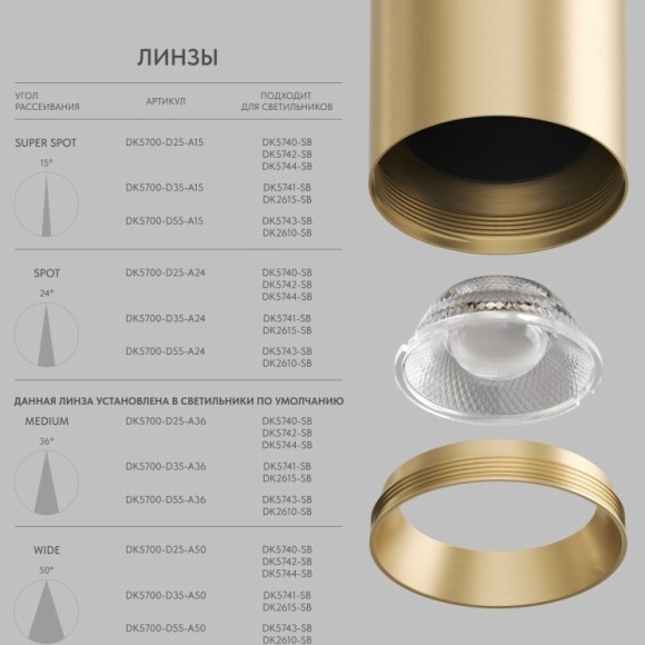 Линза 55mm, угол рассеивания света 15° для светильников SHINE DK5743/DK2610, поликарбонат