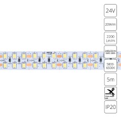 A2424015-03-6K Светодиодная лента 24В 20Вт/м 2200Лм/м 6000К CRI 90+ 15мм SMD2835 240шт/м 5м IP20
