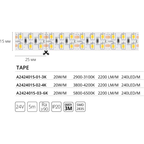 A2424015-03-6K Светодиодная лента 24В 20Вт/м 2200Лм/м 6000К CRI 90+ 15мм SMD2835 240шт/м 5м IP20 A2424015-03-6K Светодиодная лента 24В 20Вт/м 2200Лм/м 6000К CRI 90+ 15мм SMD2835 240шт/м 5м IP20