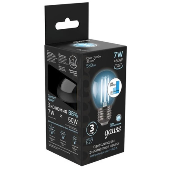 105802207-S Лампа Gauss Filament Шар 7W 580lm 4100К Е27 шаг. диммирование LED 1/10/50