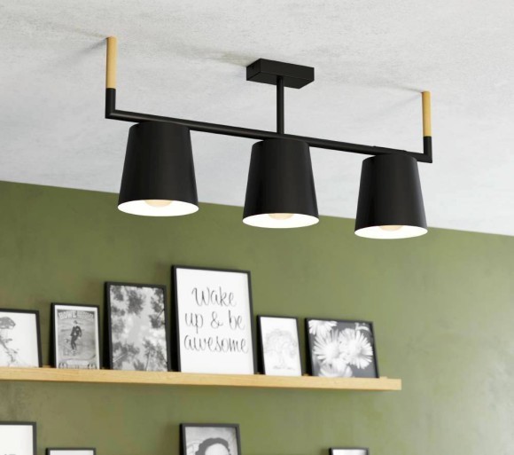 43611 Подвесной потолочный светильник (люстра) LACEY, 3Х40W, E27, L780, B160, H335, сталь/дерево, че 43611 Подвесной потолочный светильник (люстра) LACEY, 3Х40W, E27, L780, B160, H335, сталь/дерево, че