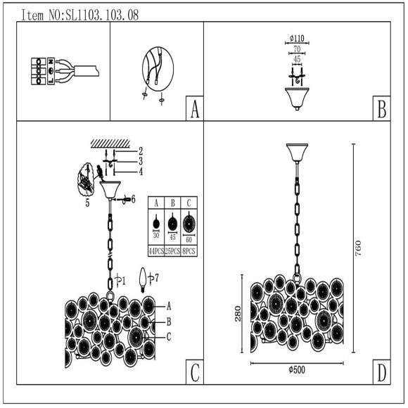 SL1103.103.08 Светильник подвесной ST-Luce Хром/Прозрачный,Хром E14 8*60W LETINA