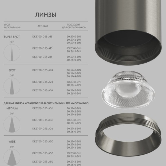Линза 55mm, угол рассеивания света 24° для светильников SHINE DK5743/DK2610, поликарбонат