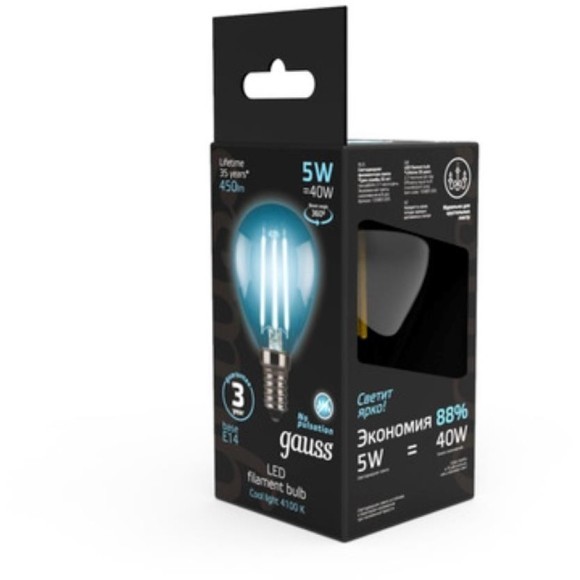 105801205 Лампа Gauss LED Filament Шар E14 5W 450lm 4100K 1/10/50 105801205 Лампа Gauss LED Filament Шар E14 5W 450lm 4100K 1/10/50