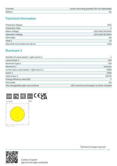 Уличный настенный LED-прожектор EGLO FAEDO 3 97458, встроенный LED 53Вт, 5000К, 5800Лм, подключение 220В, IP65, длина 205 мм, высота 145 мм
