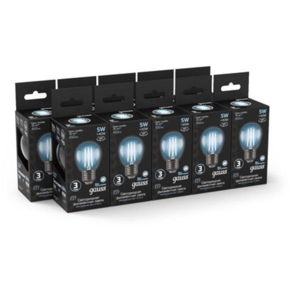 105802205 Лампа Gauss LED Filament Шар E27 5W 450lm 4100K 1/10/50