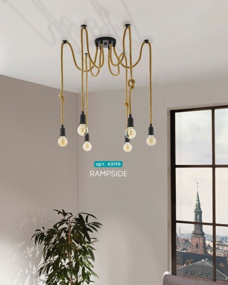 43195 Подвес RAMPSIDE, 6х28W(E27), основа ?180, H1590, сталь, черный, канатные веревки 43195 Подвес RAMPSIDE, 6х28W(E27), основа ?180, H1590, сталь, черный, канатные веревки
