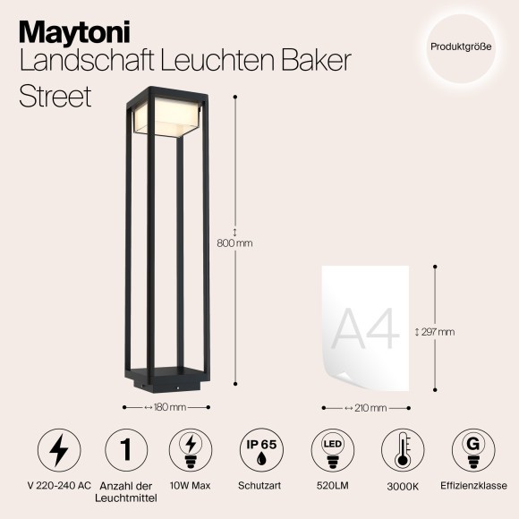 Уличный наземный светильник Maytoni O021FL-L10B3K Baker Street IP65 светодиодный LED 10W Уличный наземный светильник Maytoni O021FL-L10B3K Baker Street IP65 светодиодный LED 10W