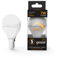 105101107-D Лампа Gauss LED Шар-dim E14 7W 560lm 3000К диммируемая 1/10/100