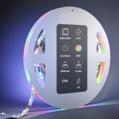 Maytoni 201139 Цветная светодиодная RGB лента, 5 метров, ширина 10мм серия ULTRA SMD5050 24V 14.4Вт/м IP20 120° кратность резки 100мм, раб. температура -30...+60°С