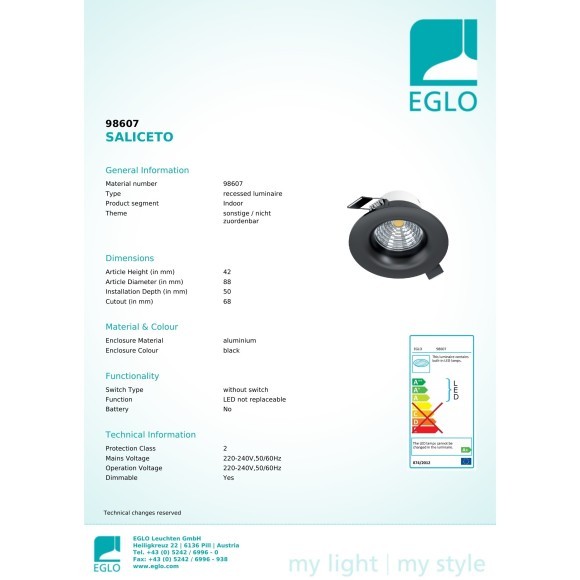 98607 EGLO SALICETO (Саличето) встраиваемый LED-светильник 6 Вт, 2700 К, 380 лм, CRI более 80, угол 50°, черный, диммируемый, IP20