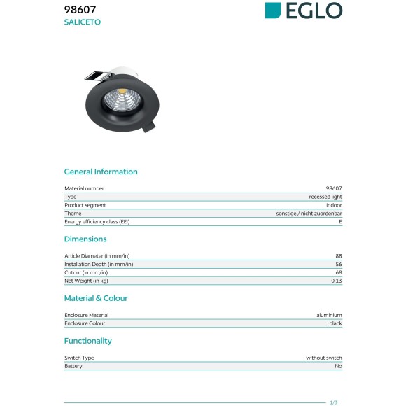 98607 EGLO SALICETO (Саличето) встраиваемый LED-светильник 6 Вт, 2700 К, 380 лм, CRI более 80, угол 50°, черный, диммируемый, IP20