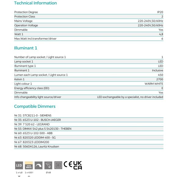 98607 EGLO SALICETO (Саличето) встраиваемый LED-светильник 6 Вт, 2700 К, 380 лм, CRI более 80, угол 50°, черный, диммируемый, IP20