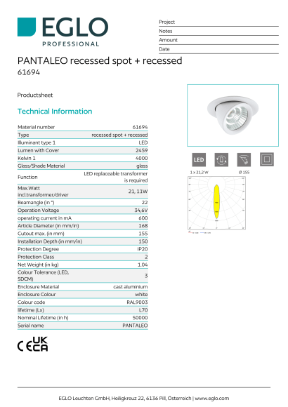 Белый встраиваемый точечный спот EGLO PANTALEO 61694, встроенный LED 21,11Вт, 4000К, 2459Лм, угол рассеивания 22°, диаметр 168 мм, врезное отверстие 155 мм, глубина встройки 150 мм