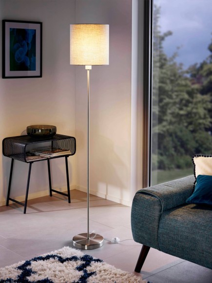 95166 PASTERI Торшер напольный с 1 лампой E27, 60Вт, механический выключатель, серый тканевый абажур, никелевый 95166 PASTERI Торшер напольный с 1 лампой E27, 60Вт, механический выключатель, серый тканевый абажур, никелевый