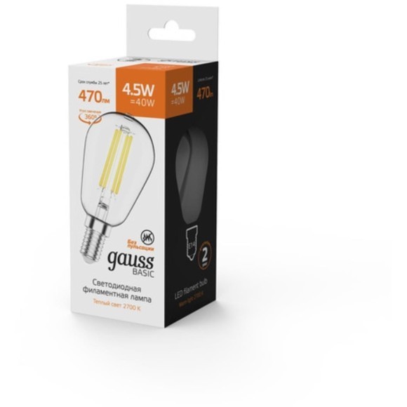 1141115 Лампа Gauss Basic Filament ST45 4,5W 470lm 2700К Е14 LED 1/10/50 1141115 Лампа Gauss Basic Filament ST45 4,5W 470lm 2700К Е14 LED 1/10/50
