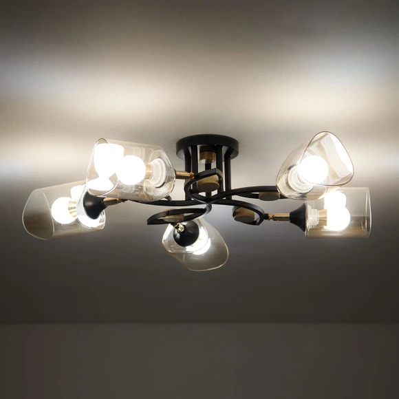 Arte Lamp Glamore A5076PL-5BK Потолочная современная люстра диаметром 62 см, черный металл, плафоны 5шт, янтарное стекло, лампы E27 5шт до 60Вт IP20 220В, возм. раздельного включения рожков и смены направления плафонов