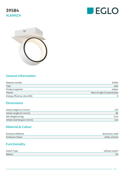 Настенный светильник-спот EGLO ALBARIZA 39584, встроенный LED 4.6Вт, 3000К, 580Лм, подключение 220В, корпус белый и хром, высота 135 мм
