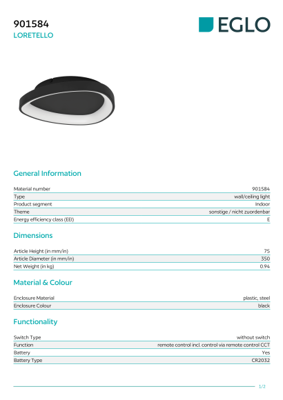 Черный настенно-потолочный светильник EGLO LORETELLO 901584, встроенный LED 12Вт, 2700-6500К, CRI 80, 1440Лм, подключение 220В, корпус пластик и сталь, диаметр 350 мм, высота 75 мм