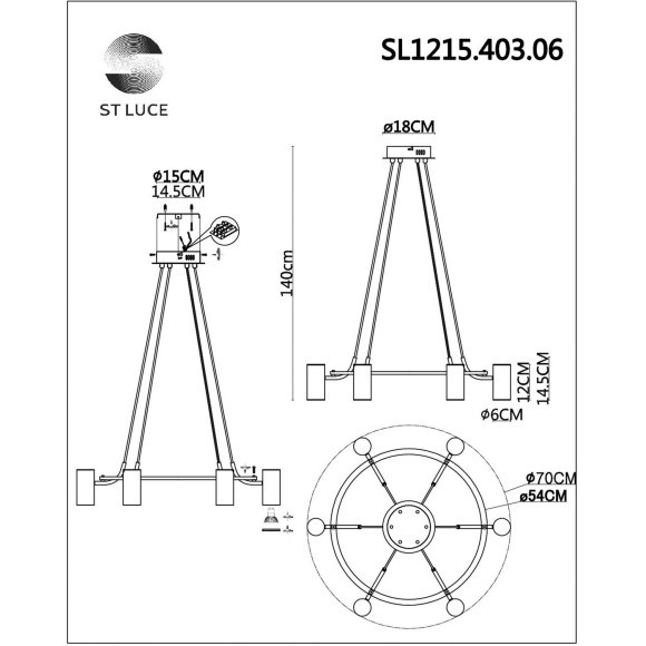 SL1215.403.06 Светильник подвесной ST-Luce Черный, Латунь/Латунь GU10 6*5W 4000K TALIA