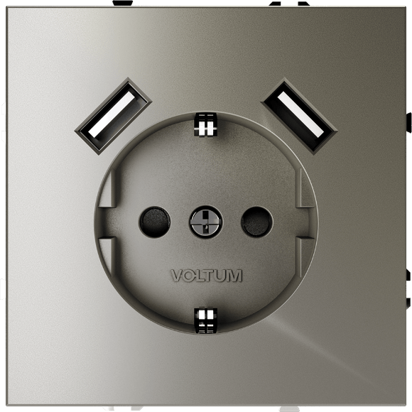 Розетка встраиваемая VOLTUM S70 с заземлением и защитными шторками, 16А, с USB, A+A, (шелк)