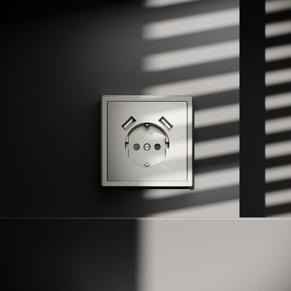 Розетка встраиваемая VOLTUM S70 с заземлением и защитными шторками, 16А, с USB, A+A, (шелк)