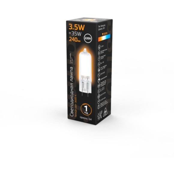 107807103 Лампа Gauss G4 AC220-240V 3.5W 240lm 3000K стекло LED 1/10/200