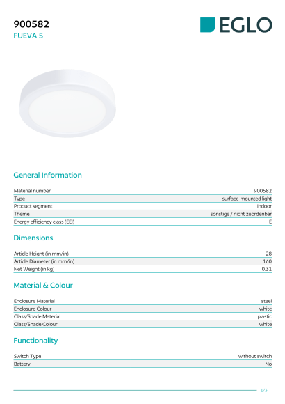Белый накладной светильник EGLO FUEVA 5 900582, встроенный LED 11Вт, 3000К, CRI 80, 1350Лм, диммирование TRIAC/MOSFET, подключение 220В, корпус из белой стали, диаметр 160 мм, высота 28 мм