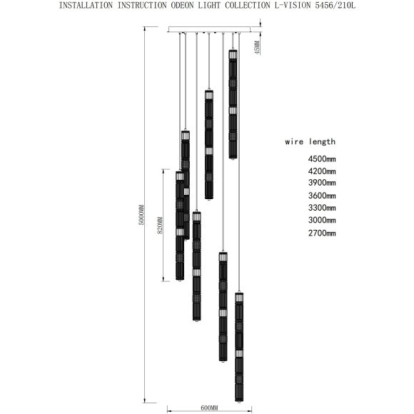 5456/210L Люстра каскадная в виде стеклянных разноцветных цилиндров Odeon Light LED 210W (30W*7) 4000K COLLIER