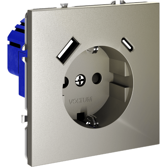 Розетка встраиваемая VOLTUM S70 с заземлением и защитными шторками, 16А, с USB, A+С, (шелк)