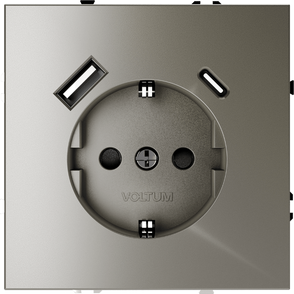 Розетка встраиваемая VOLTUM S70 с заземлением и защитными шторками, 16А, с USB, A+С, (шелк)