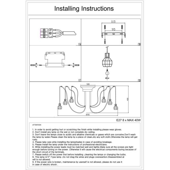 SL192.303.08 Светильник подвесной Черный/Латунь E27 8*60W RETE