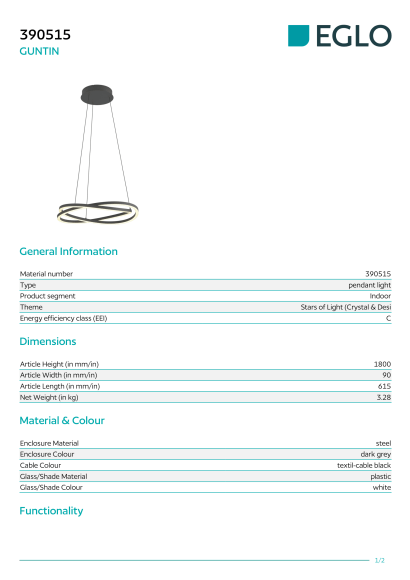 Подвесной светильник EGLO GUNTIN 390515, встроенный LED 60Вт, 2200-6500К, 5920Лм, подключение 220В, управление пультом ДУ, 615 × 90 × 1800 мм
