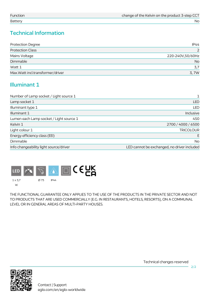 Черный встраиваемый светильник EGLO FUEVA 6 901412, встроенный LED 3,7Вт, CCT перекл. цветовой температуры на драйвере, 2700 / 4000 / 6500К, CRI 80, 450Лм, подключение 220В, IP44, диаметр 88 мм, врезное отверстие 75 мм, глубина встройки 40 мм