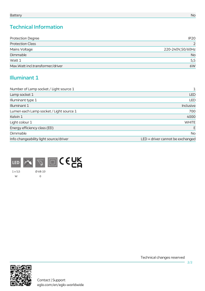 Встраиваемый светильник EGLO FUEVA FLEX 900935, встроенный LED 5,5Вт, 4000К, CRI 80, 700Лм, подключение 220В, диаметр 117 мм, глубина 20 мм, врезное отверстие 68-100 мм