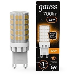 Лампа светодиодная цоколь G9, 5,5W, 560lm, 3000K, керамика, Gauss 107009106