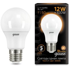 102502112 Лампа Gauss LED A60 12W E27 1150lm 3000K 1/10/50