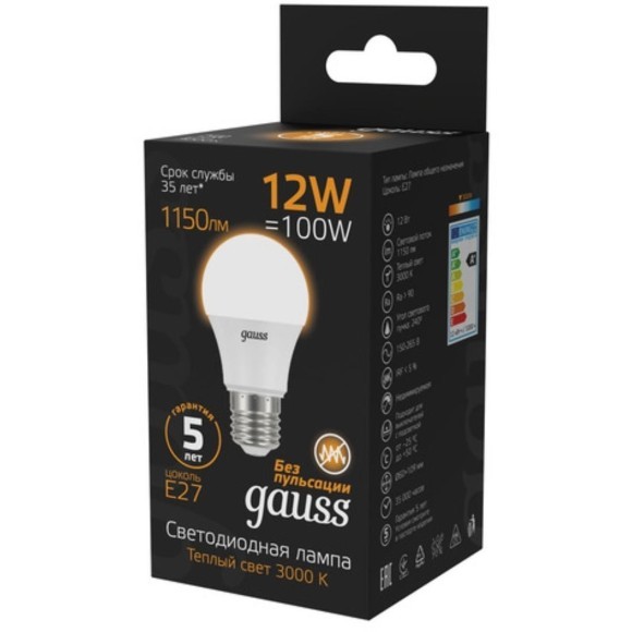 102502112 Лампа Gauss LED A60 12W E27 1150lm 3000K 1/10/50