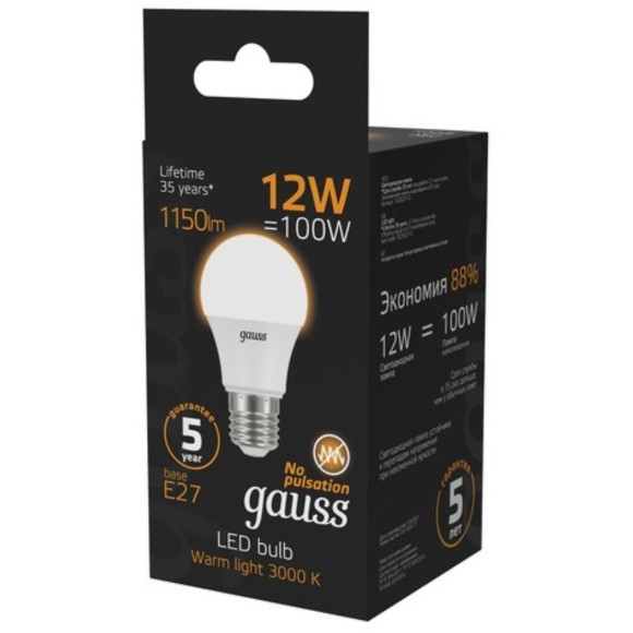 102502112 Лампа Gauss LED A60 12W E27 1150lm 3000K 1/10/50