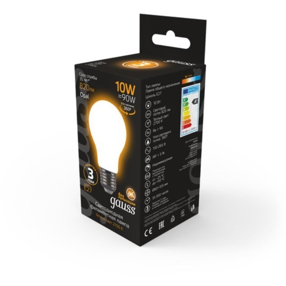 102202110 Лампа Gauss LED Filament A60 OPAL E27 10W 820lm 2700К 1/10/40 102202110 Лампа Gauss LED Filament A60 OPAL E27 10W 820lm 2700К 1/10/40