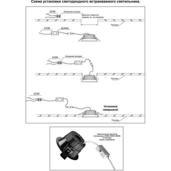 Светильник встраиваемый с перекл. цвет. температуры IP44 LED 20W CRI90 3000К\4000К\6000К CLARA 359555  