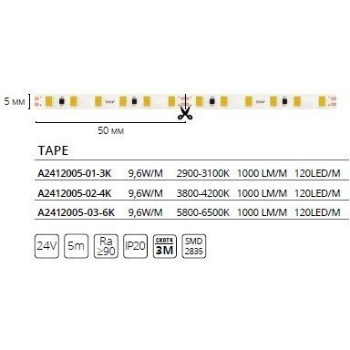 A2412005-03-6K Светодиодная лента 24В 9,6Вт/м 1000Лм/м 6000К CRI 90+ 5мм SMD2835 120шт/м 5м IP20