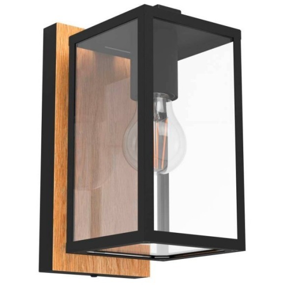 900289 Уличный настенный светильник BUDRONE, E27, 1X40W, IP44, L120, H270, A165, сталь, дерево, черный, коричневый/стекло, прозрачный