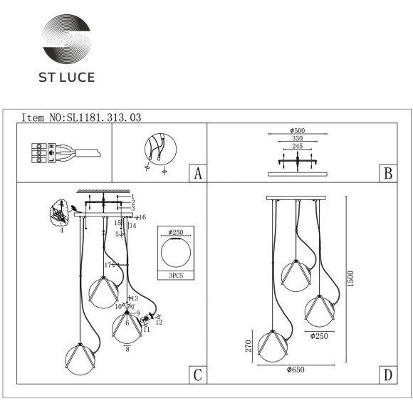 SL1181.313.03 Светильник подвесной ST-Luce Латунь/Латунь, Прозрачный E27 3*40W ACERRA