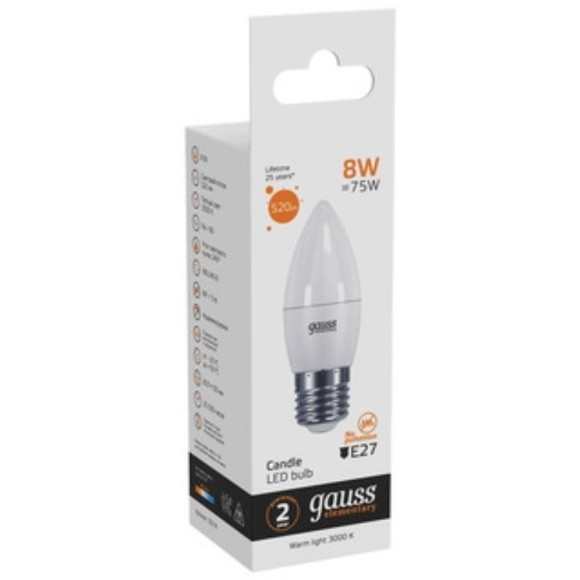 33218 Лампа Gauss LED Elementary Свеча 8W E27 520lm 3000K 1/10/100 33218 Лампа Gauss LED Elementary Свеча 8W E27 520lm 3000K 1/10/100