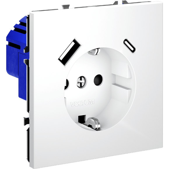 Розетка встраиваемая VOLTUM S70 с заземлением и защитными шторками, 16А, с USB, A+С, (белый матовый)