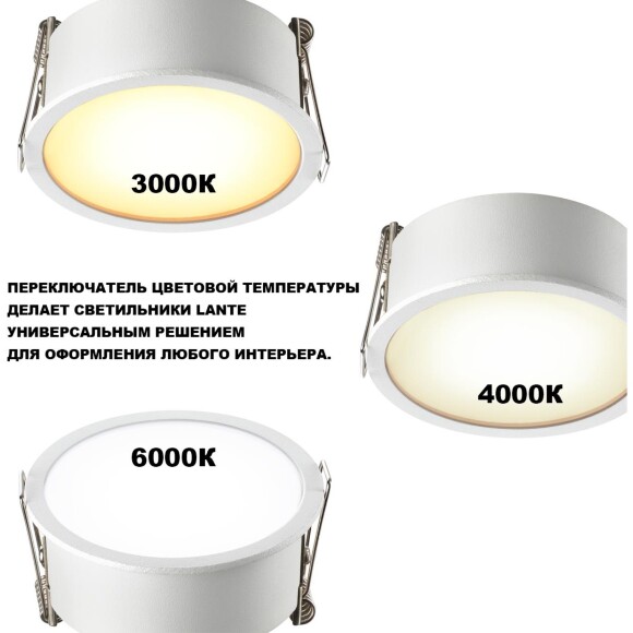 359879 WIR NT26 000 белый Светильник встраиваемый с переключателем цв. температуры IP20 LED 18W 100-265V 3000К/4000К/6000К LANTE