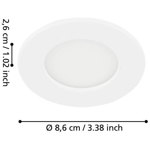 Eglo Fueva 5 99206 Встраиваемый точечный LED-светильник для ванной в стиле минимализм, 2,7 Вт, 4000К, 360 лм, CRI90, 220В, IP44, белый металл, белый матовый акриловый рассеиватель, диаметр 86 мм, высота встройки 26 мм, врезное 75 мм