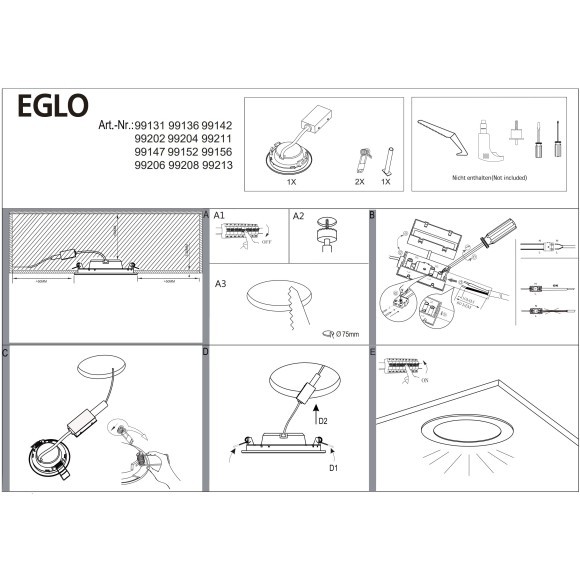 Eglo Fueva 5 99206 Встраиваемый точечный LED-светильник для ванной в стиле минимализм, 2,7 Вт, 4000К, 360 лм, CRI90, 220В, IP44, белый металл, белый матовый акриловый рассеиватель, диаметр 86 мм, высота встройки 26 мм, врезное 75 мм